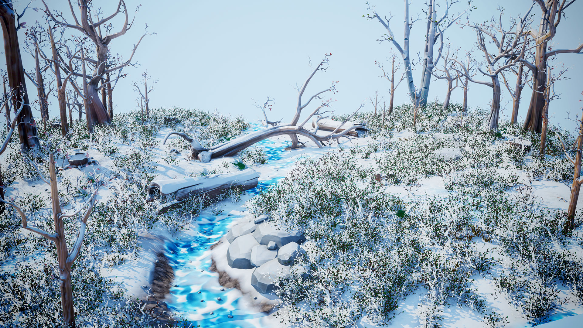 UE5 Stylized Winter Forest卡通冬天森林树林树干UE4场景4.27-图2