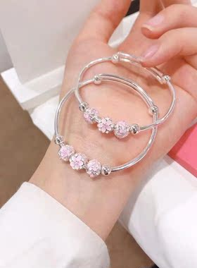 万足木棉花樱花纯银童镯