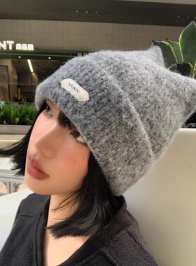 可爱猫耳朵针织帽女秋冬韩版显脸小保暖毛线帽大头围百搭黄色帽子