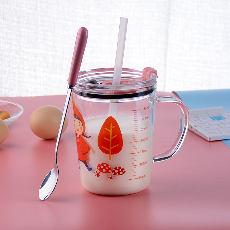 玻璃吸管杯牛奶杯加热儿童刻度杯带盖喝奶家用男女学生早餐杯量杯