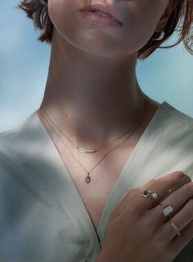 轻奢925纯银项链绿色椭圆天然橄榄石复古精致银镀14k金项链锁骨链