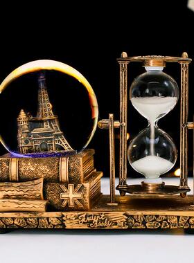 复古音乐铁塔水晶球沙漏摆件创意办公桌面发光水球八音盒计时器