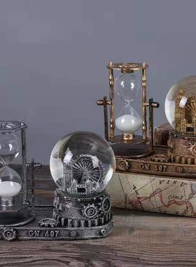 水晶球沙漏发光树脂摆件创意铁塔流沙复古摆件铁艺工艺品