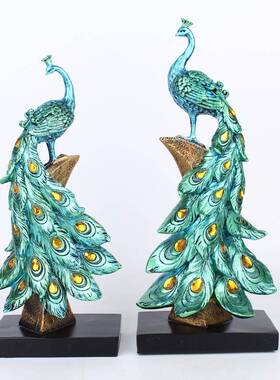 摆件树脂工艺品创意时尚金蓝色孔雀摆件酒柜客厅家居装饰