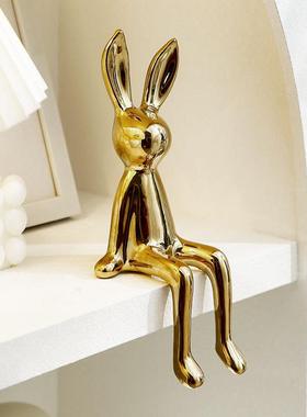 轻奢创意坐姿长耳兔摆件玄关客厅酒柜电视柜办公室电镀陶瓷装饰品