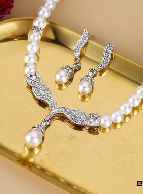 颈链清冷感仿珍珠礼服项链耳环两件套礼服宴会法式晚宴时尚宫廷风