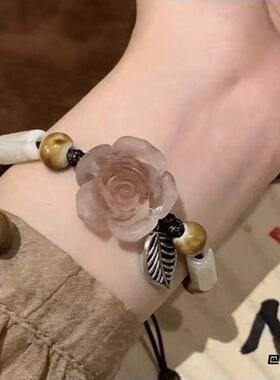 国潮国风民族风树脂山茶花编织手链时尚气质饰品轻奢手工网红手串