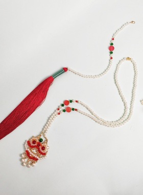 汉服配饰流苏背云项链女中国风红色喜庆醒狮长璎珞古风手工项链饰