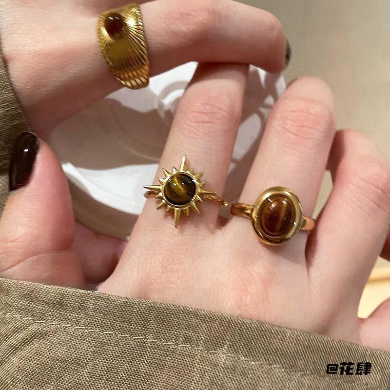 Imitation Tiger Eye Stone Maillard Retro Open Ring Autumn and Winter Retro Maillard Personalized Imitation Tiger Eye Stone Open Ring