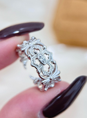 S925纯银精工高级感布契风镂空开口戒指均码轻奢宫廷风复古戒子