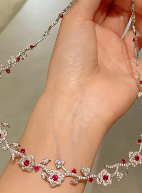 925银镀金 鸽血红宝石层层手工玫瑰山茶花繁花花朵红刚玉晚宴项链