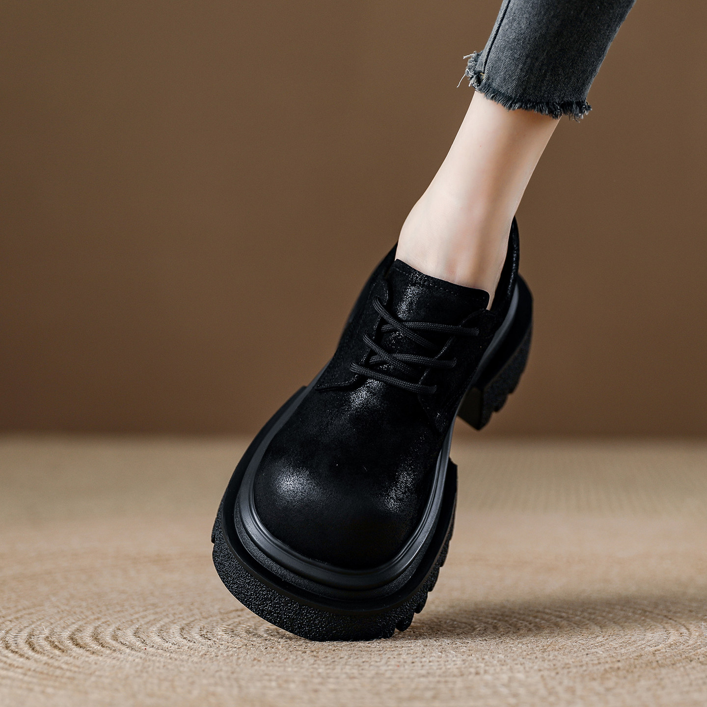 真皮厚底大头女鞋2025秋新款英伦风小皮鞋系带复古单鞋小个子增高,淘宝优惠券,粉丝福利购,淘宝优惠卷