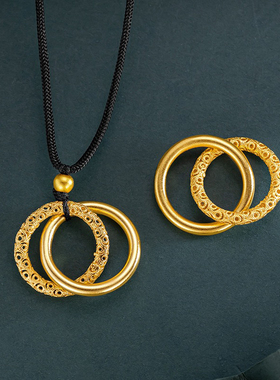 新款双环相扣素圈吊坠项链女士黑色编织绳子越南沙金仿真黄金首饰