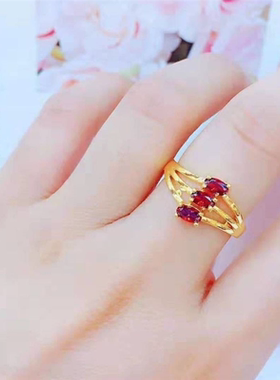 正品越南沙金红锆石戒指女铜镀黄金色百搭可调节指环久不掉色戒子