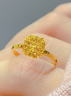 黄金色沙金爆闪拉丝小方糖luck戒指女开口戒轻奢高级感食指环