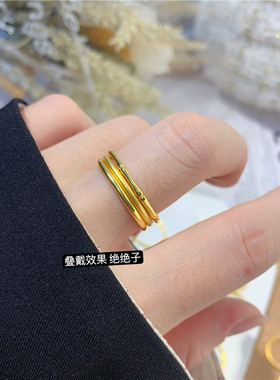 5G黄金色沙金镀金古法光圈素圈指环竹节麻花戒指女细款食指戒