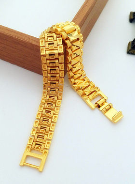 24K镀金霸气手链男 欧币金宽手链子粗龙头坦克手链大镀沙金手表链