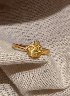 古法沙金招财进宝聚宝盆五帝钱戒指女仿黄金色金元宝金币指环食指