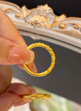 古法传承紫荆花戒指女金店同款金雕花素圈指环不掉色气质实心戒子
