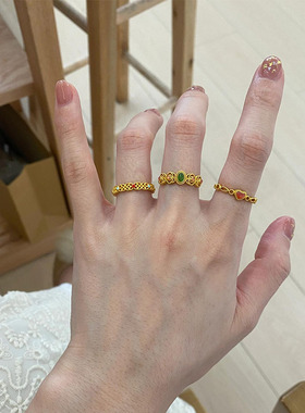 女珐琅戒指花丝镀18k金尾戒指环中式宝石爱心设计镂空新款新玉