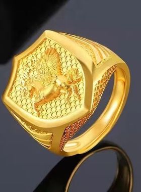 越南沙金戒指男士旗开得胜马到成功仿真黄金可调节霸气戒子不掉色