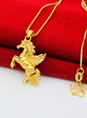龙马精神沙金项链硬币铜镀金假黄金古风生肖马独角兽双翼飞马项坠