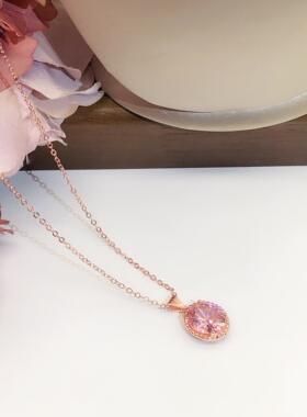 新款 欧美合成樱花粉碧玺吊坠 女彩宝镶嵌粉水晶镀18K玫瑰金项链