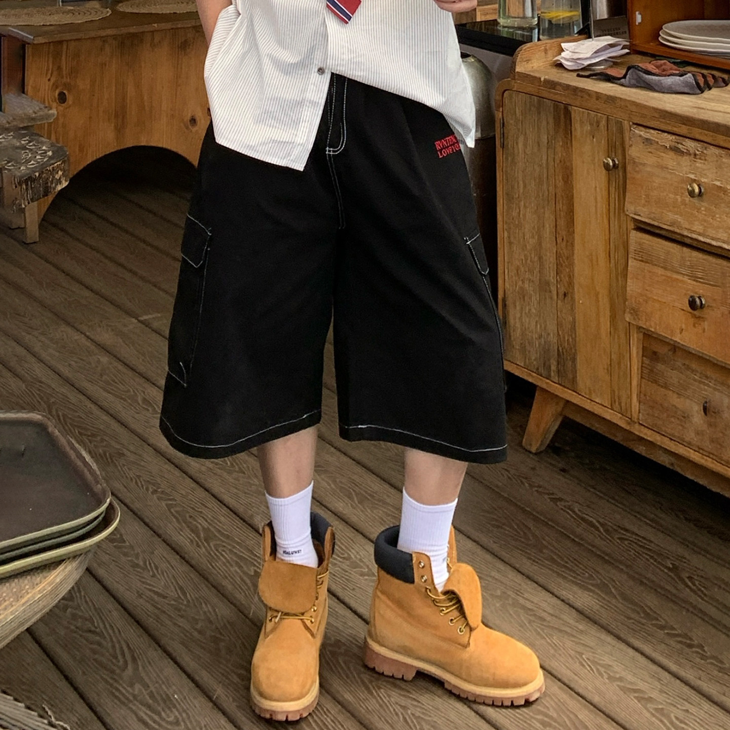 Holocene美式潮牌黑色明线七分裤男高街百搭阔腿夏季小众设计短裤,淘宝优惠券,粉丝福利购,淘宝优惠卷