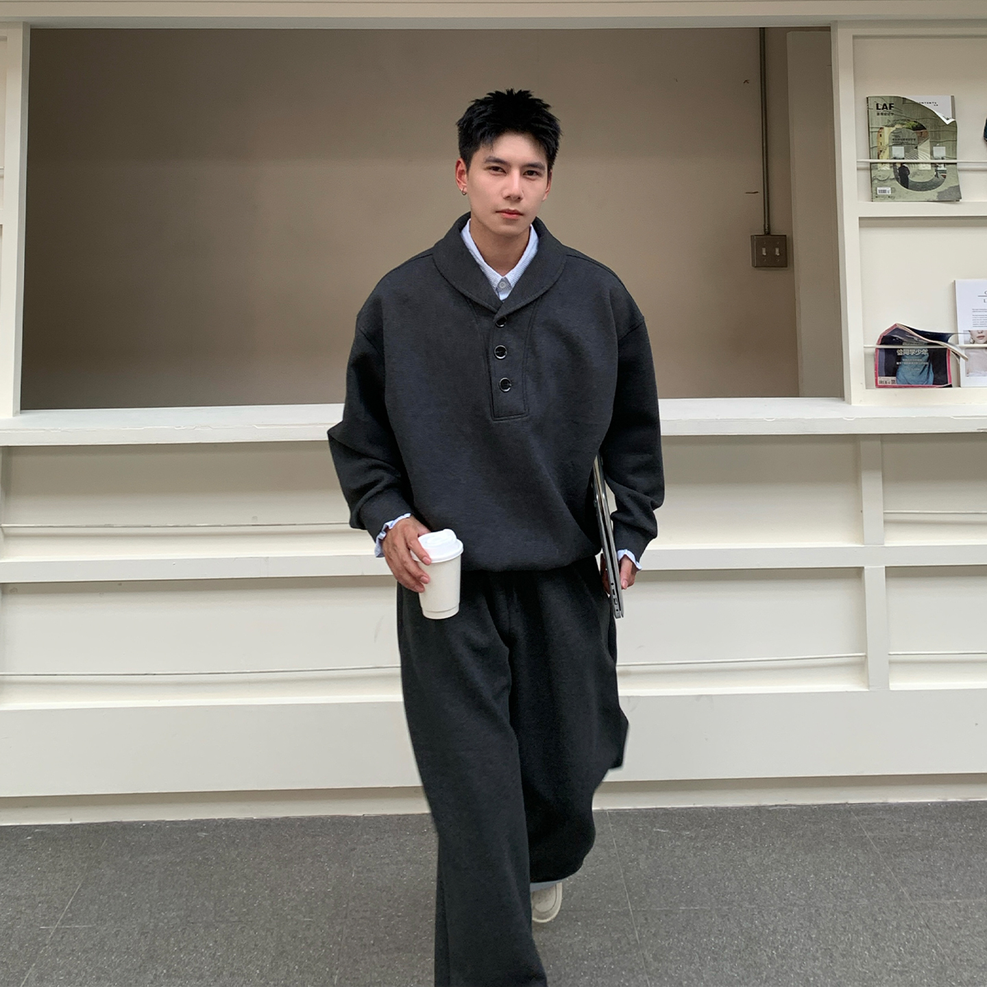 Holocene美式潮牌氛围感纯色假两件卫衣套装男秋季老钱一整套搭配 - 图2