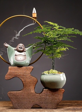 极速新中式摆件盆栽禅意办公室绿B植装饰品客厅书桌面家居香炉陶