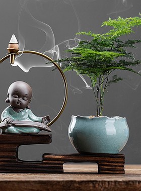 极速新中式倒流香k炉高山流水摆件禅意小和尚绿植客厅书房茶台玄