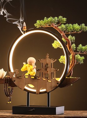 极速新中式禅意小和m尚摆件陶瓷倒流香炉可爱沙弥家居客厅桌面装