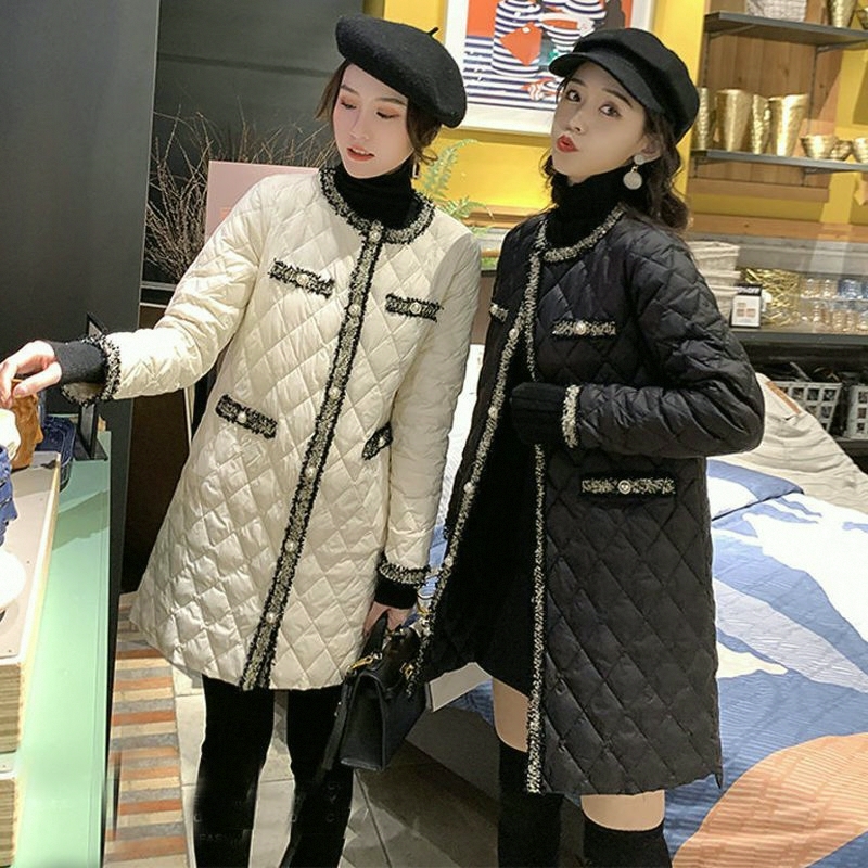 2025秋冬季外套女百搭夹棉显瘦菱形棉服中长款小香风时尚轻薄棉衣 - 图2