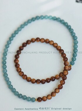 2026新中式天然石蓝色金丝檀木串珠手链女双圈手链民族风手串送闺