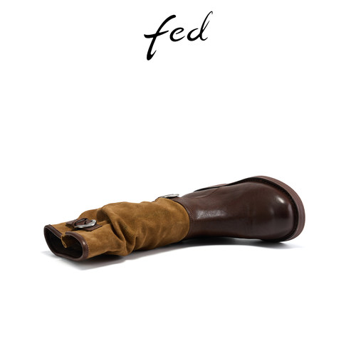 fed复古堆堆靴冬季新款女靴皮带扣长靴真皮西部靴女S1031-ZFA363 - 图0