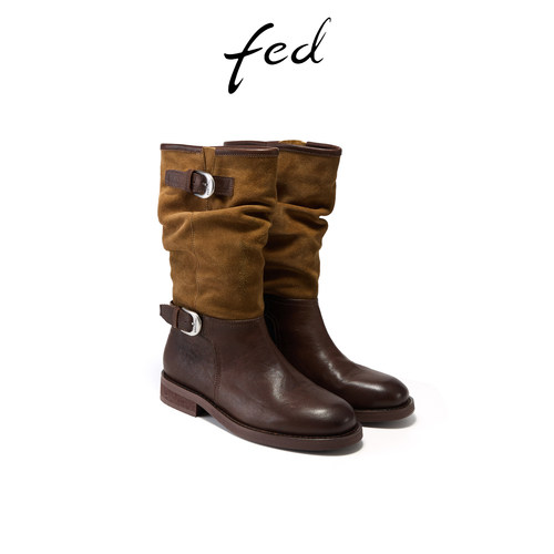 fed复古堆堆靴冬季新款女靴皮带扣长靴真皮西部靴女S1031-ZFA363 - 图3