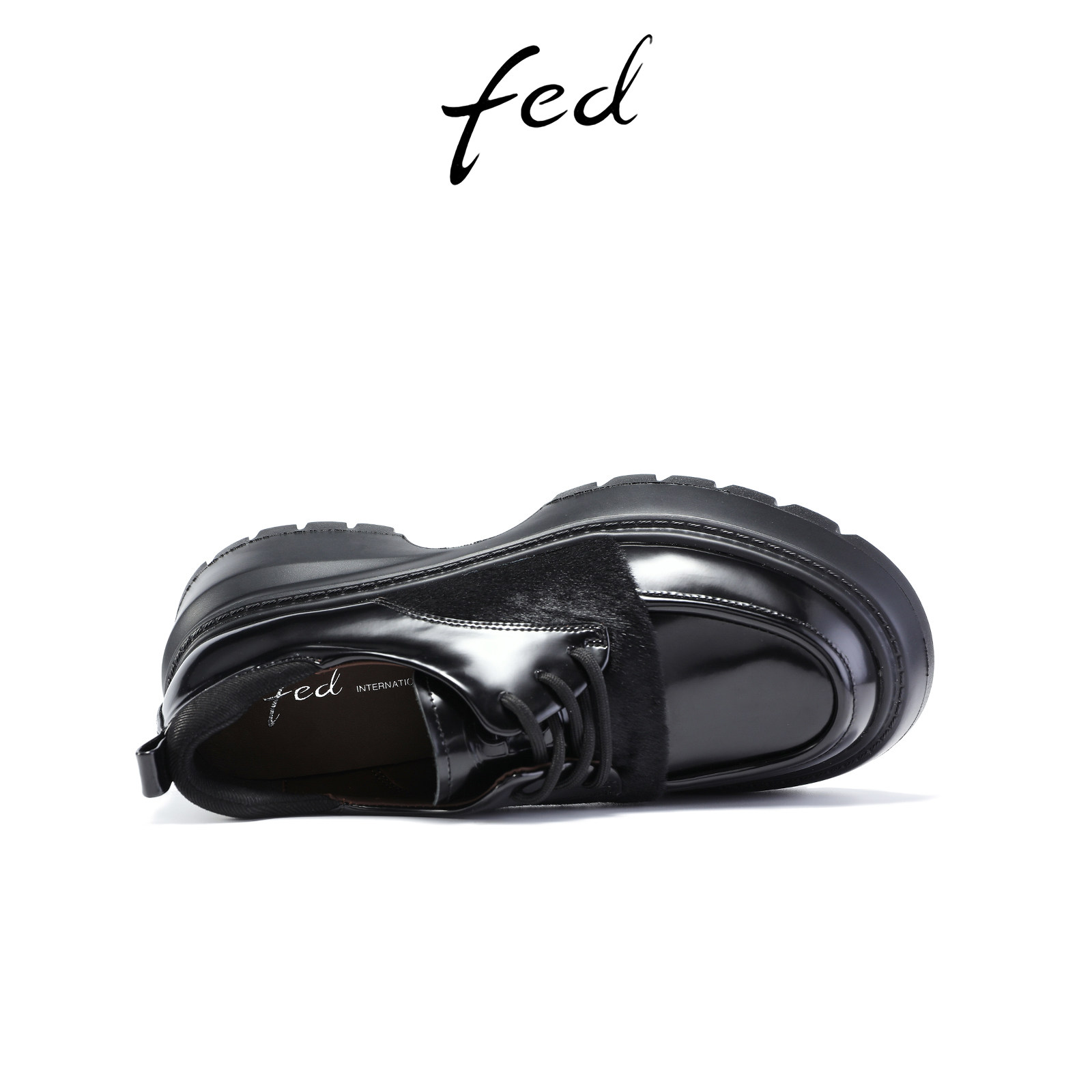 fed黑色小皮鞋秋季新款女鞋厚底乐福鞋系带深口单鞋女S0905-YA821,淘宝优惠券,粉丝福利购,淘宝优惠卷