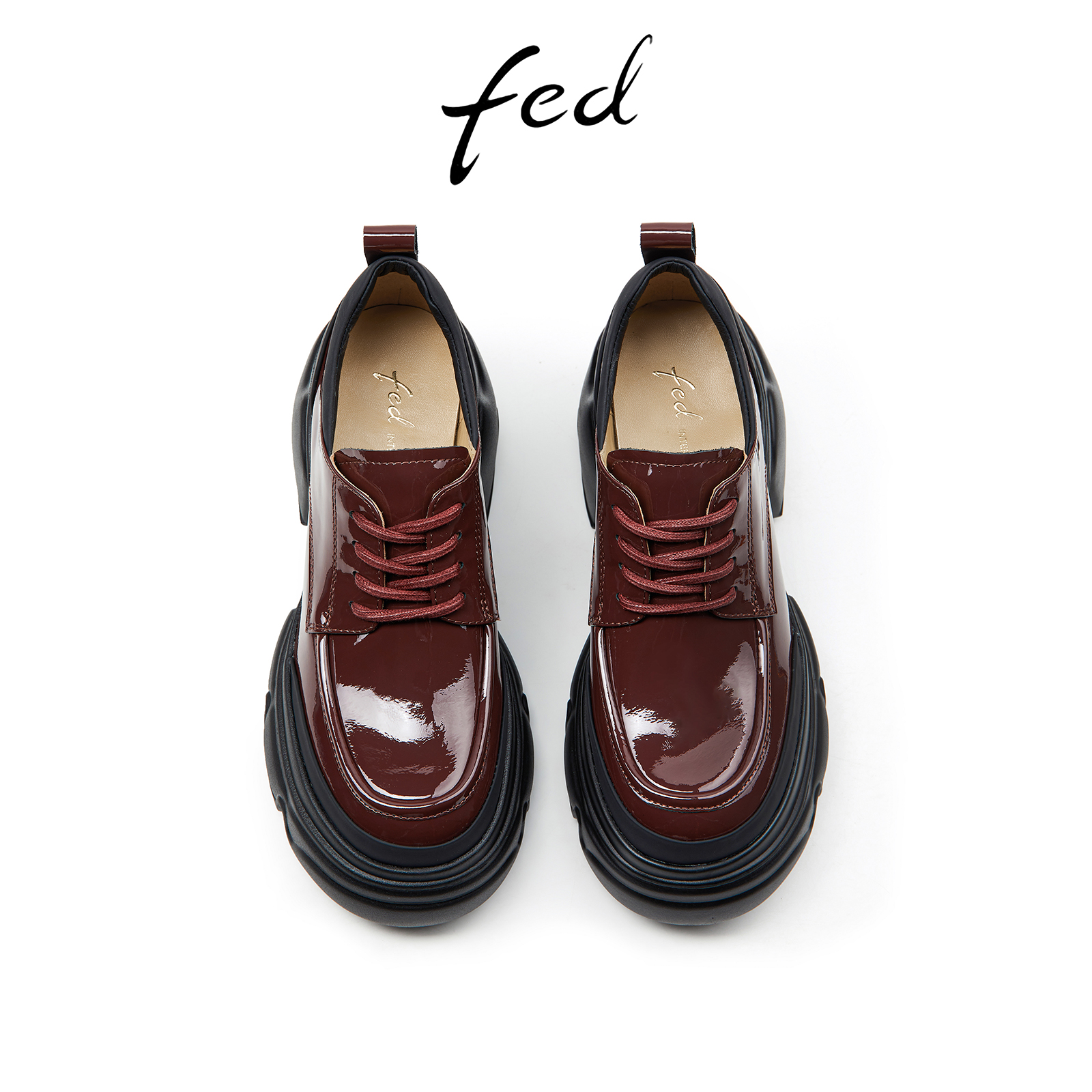 fed酒红色小皮鞋秋季新款女鞋厚底单鞋真皮牛津鞋女D0903-YAB163 - 图1
