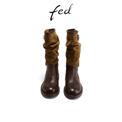 fed复古堆堆靴冬季新款女靴皮带扣长靴真皮西部靴女S1031-ZFA363 - 图1