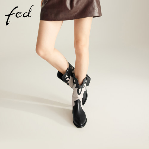 fed复古时装靴冬季新款女靴粗跟短靴西部牛仔靴女款D0926-ZFA275 - 图0