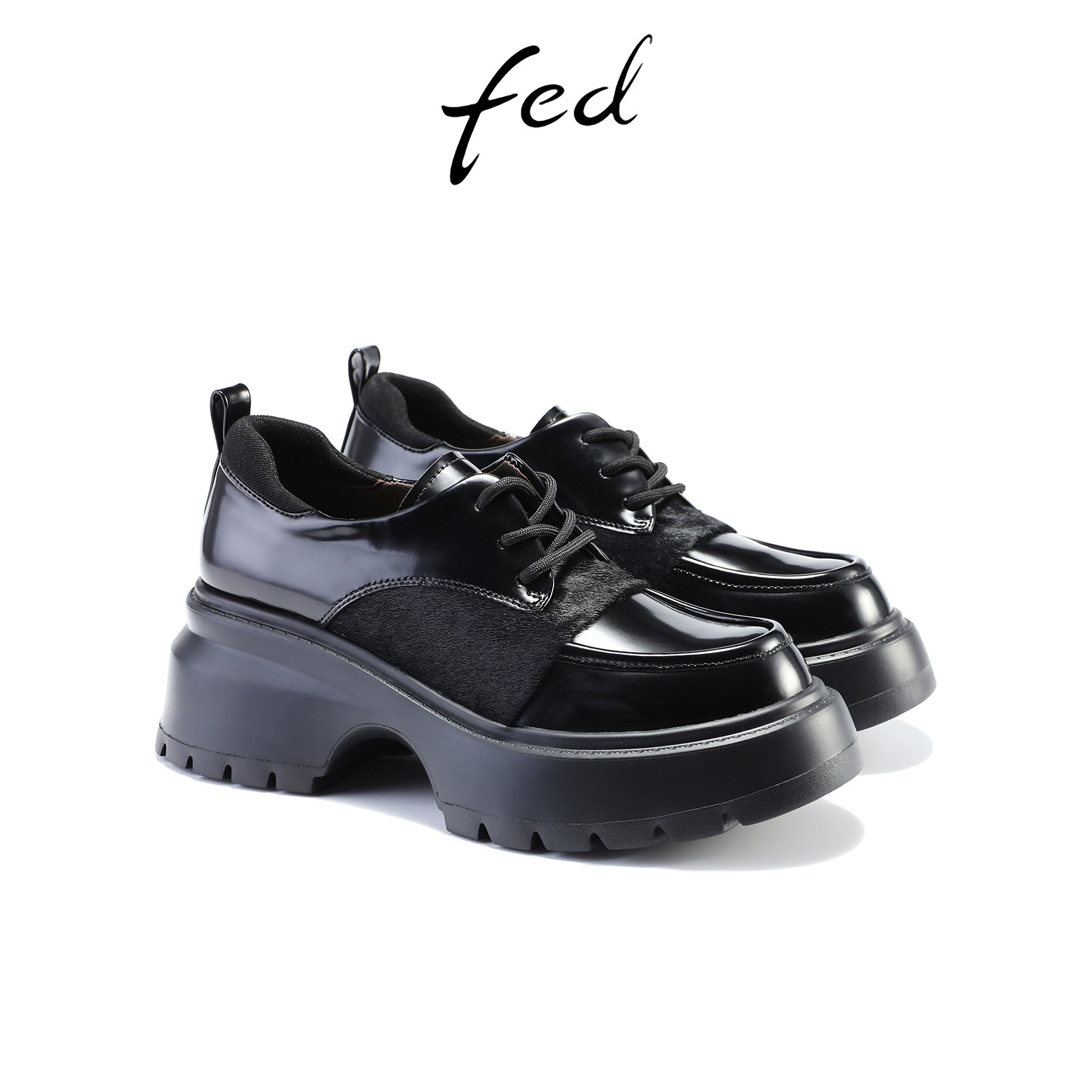 fed黑色小皮鞋秋季新款女鞋厚底乐福鞋系带深口单鞋女S0905-YA821,淘宝优惠券,粉丝福利购,淘宝优惠卷
