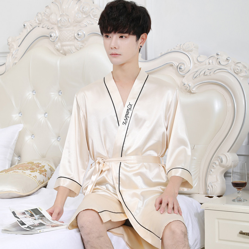 夏天纯色冰丝中长款青年学生睡袍 麦妮奴睡袍/浴袍