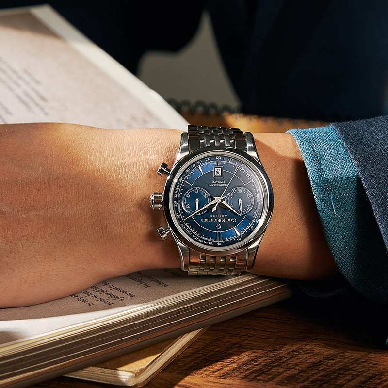 宝齐莱官方正品马利龙系列飞返计时码表 钢带男表瑞士机械腕表