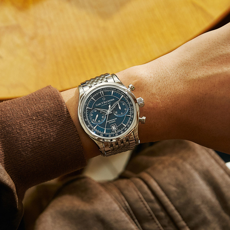 宝齐莱官方正品马利龙系列飞返计时码表 钢带男表瑞士机械腕表