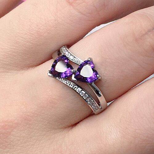 新款欧美爆款ring女士锆石戒指双心形宝石镀白金铜指环首饰品 - 图1