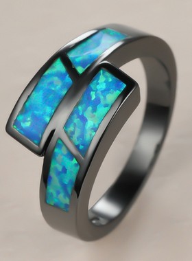 新款跨境欧美亚马逊个性黑金蓝色澳宝女式简约百搭戒指节日礼物