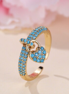 新款尔韵复古满钻兰松石心形开口戒指时尚复古百搭