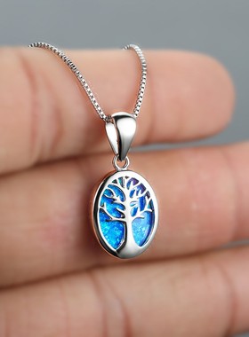新款跨境欧美时尚蓝色澳宝希望树项链镂空吊坠个性简约百搭项链