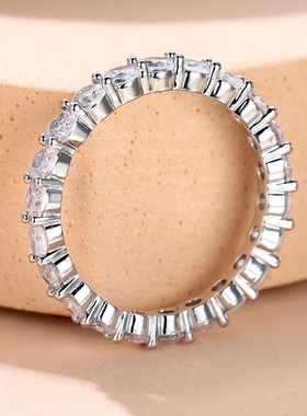 新款欧美风白金排钻满圈白钻闪亮钻戒指女简约气质高级感微镶锆石