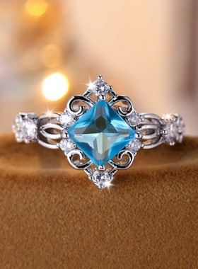 新款跨境时尚通勤钯白K正方形海蓝微镶白钻戒子